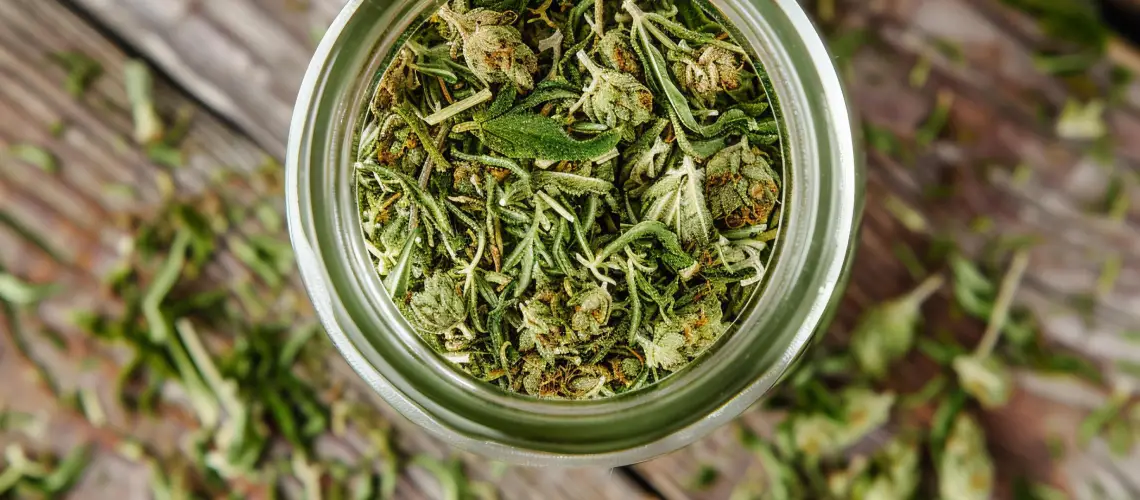 A selection of dried medicinal herbs and a cup of herbal tea on a wooden table